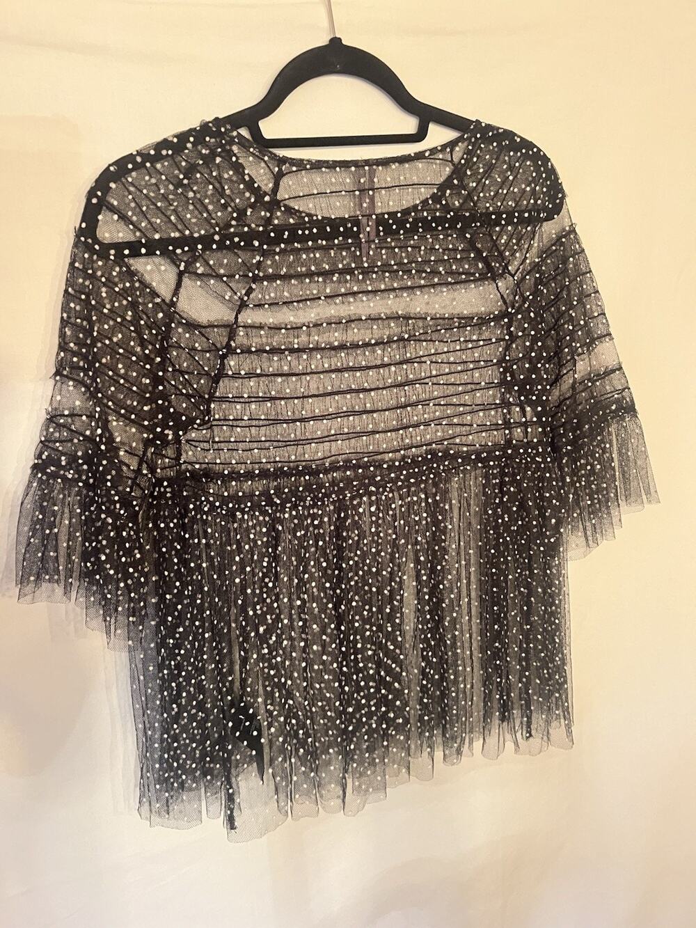 By Anthropologie XS Black White Polka Dot Sheer Mesh Ruffle Peplum Blouse